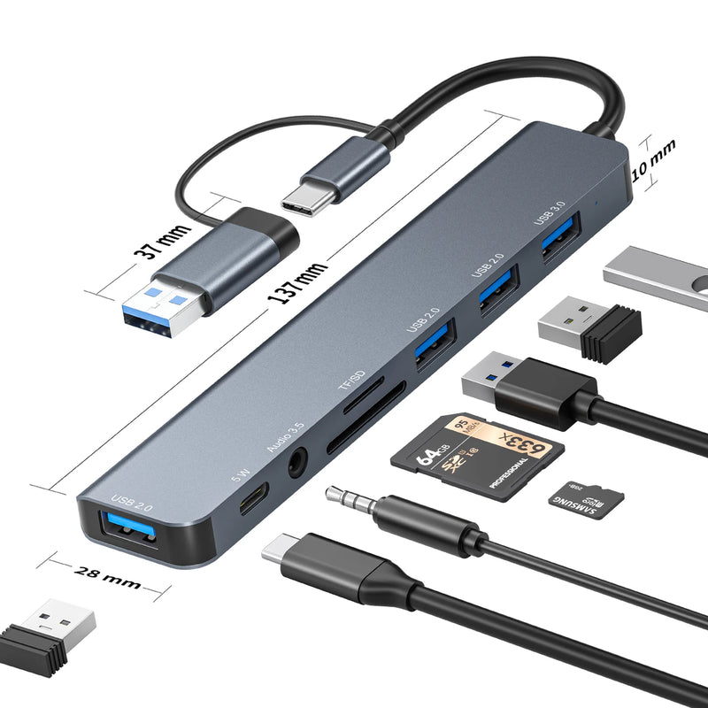 Hub USB C 8 em 1 USB 3.0, com 1 X USB 3.0, 3 X USB 2.0 e 1 X USB C