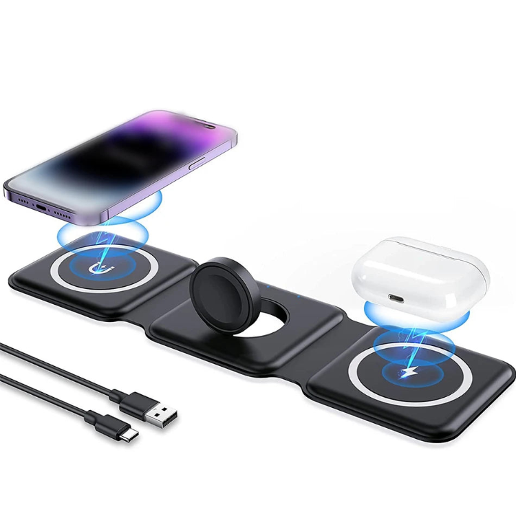 Carregador dobrável 3 em 1 para Iphone 12, 13, 14 e 15, Apple Watch e Airpods